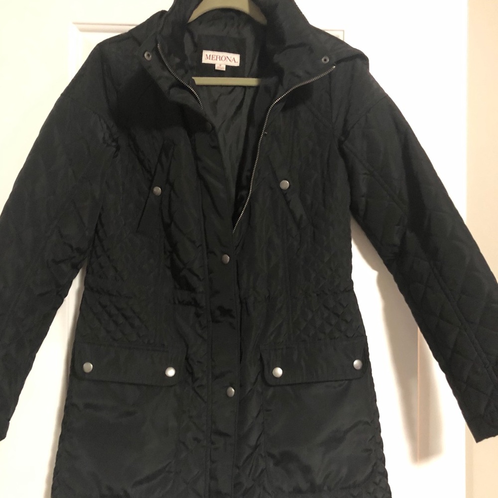 Black quilted water resistant jacket with hood